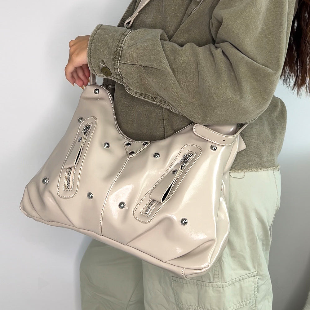 khaki shoulder bag with studs, women's khaki studded shoulder bag with adjustable strap