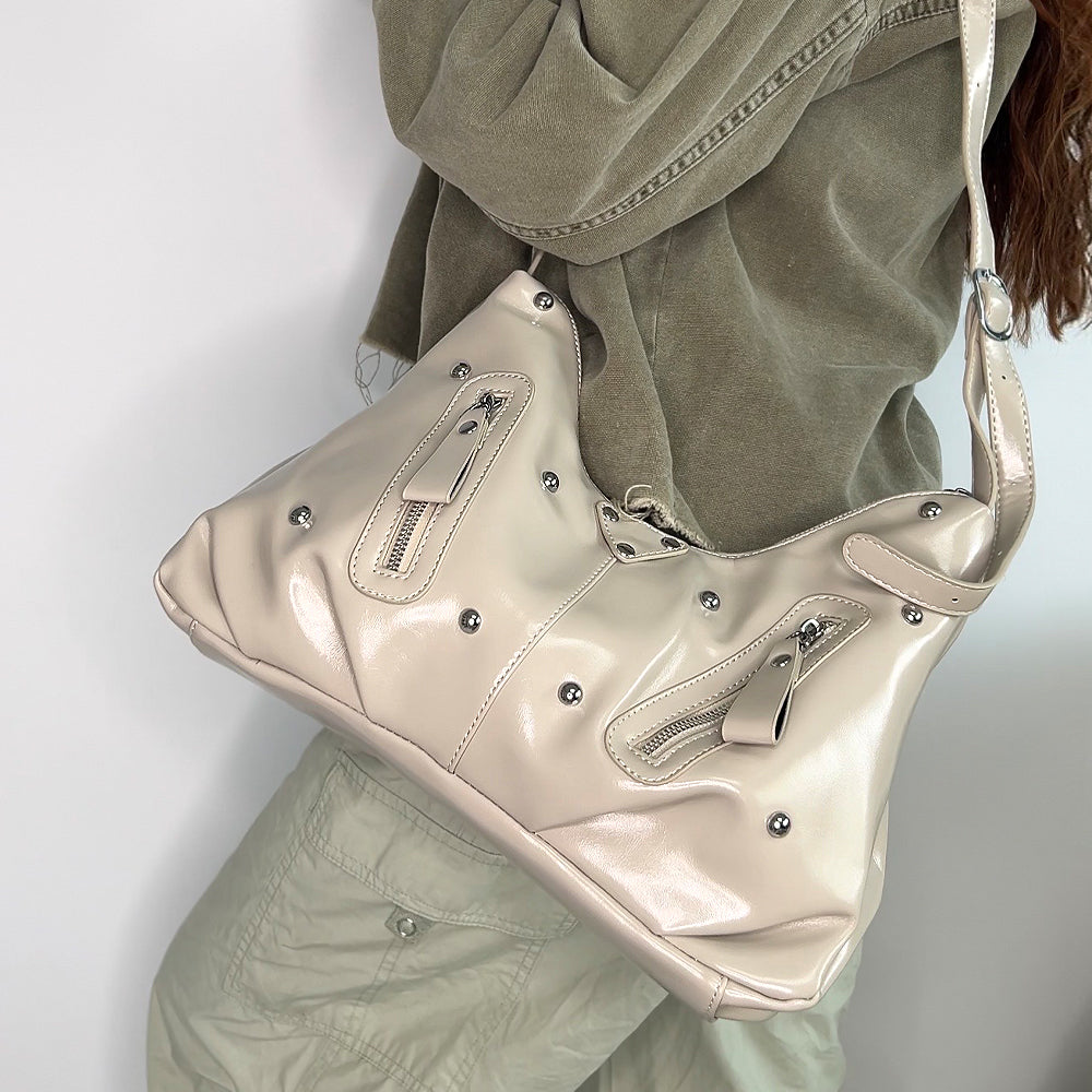 khaki studded handbag, trendy khaki shoulder handbag with stud detailing