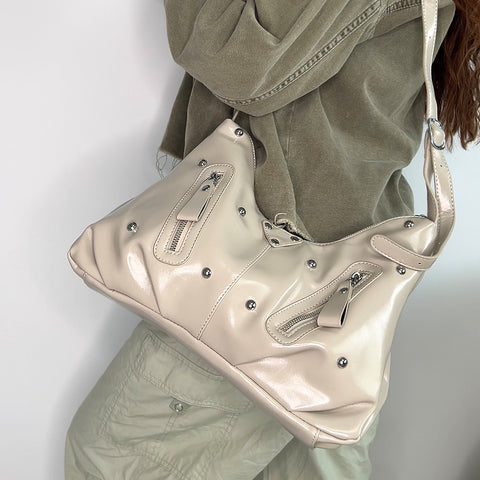 khaki studded handbag, trendy khaki shoulder handbag with stud detailing