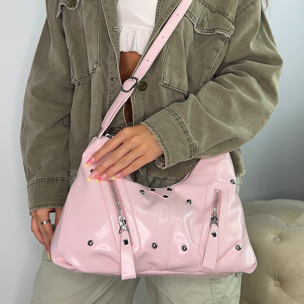 pink shoulder bag with studs, women's pink studded shoulder bag with adjustable strap