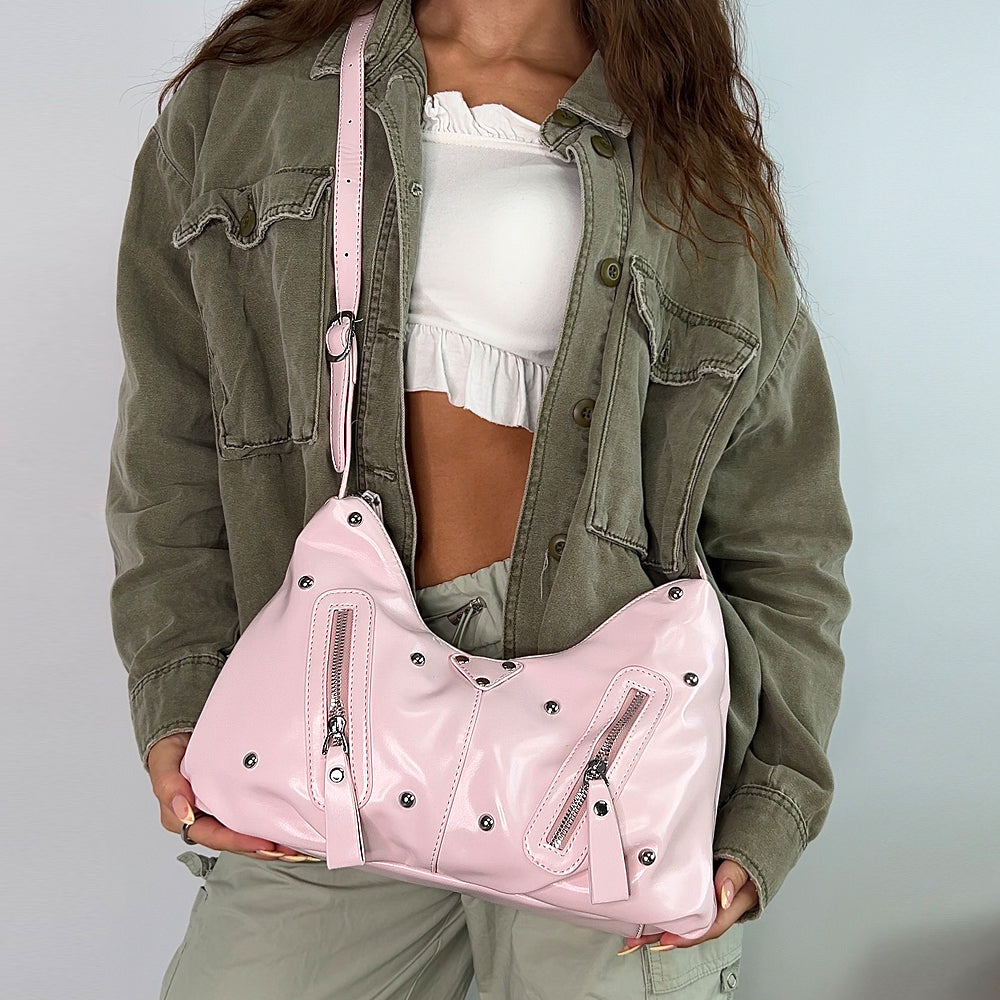 pink adjustable crossbody bag, stylish pink studded crossbody bag for women
