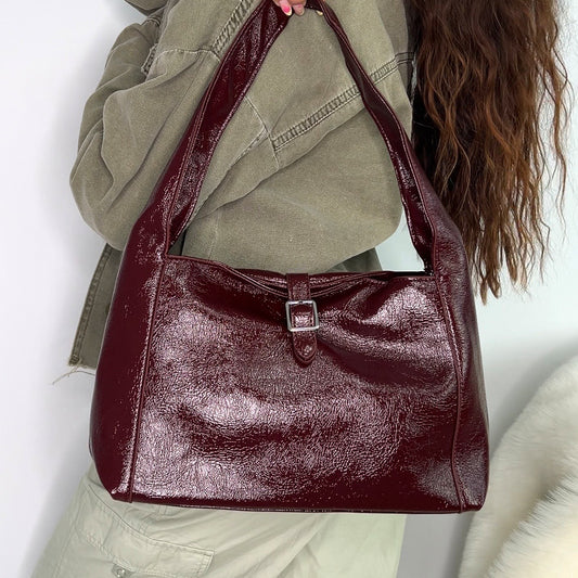 burgundy leather shoulder bag, burgundy shoulder bag with buckle detail for women