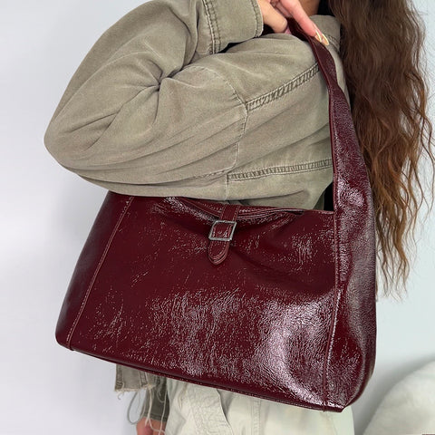 burgundy faux leather bag, elegant burgundy handbag with buckle accent