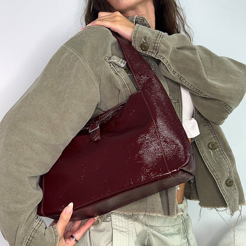 burgundy handbag, Burgundy Shoulder Bag With Buckle Detail
