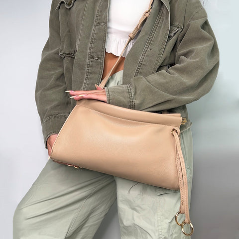 Kennedy Structured Shoulder Clutch Bag in Beige