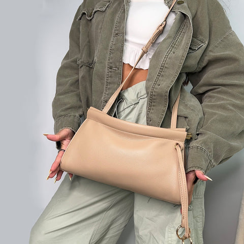 Kennedy Structured Shoulder Clutch Bag in Beige