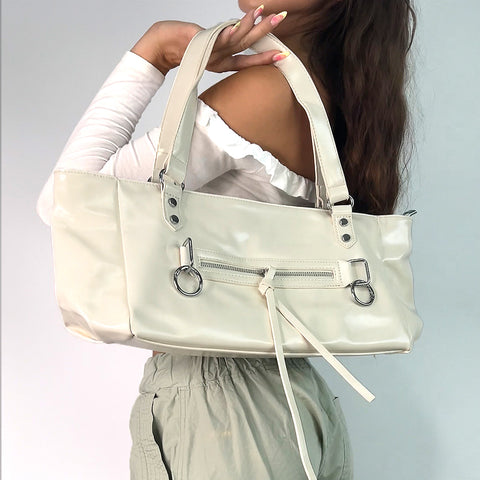 beige everyday shoulder bag, spacious beige shoulder bag with zip closure
