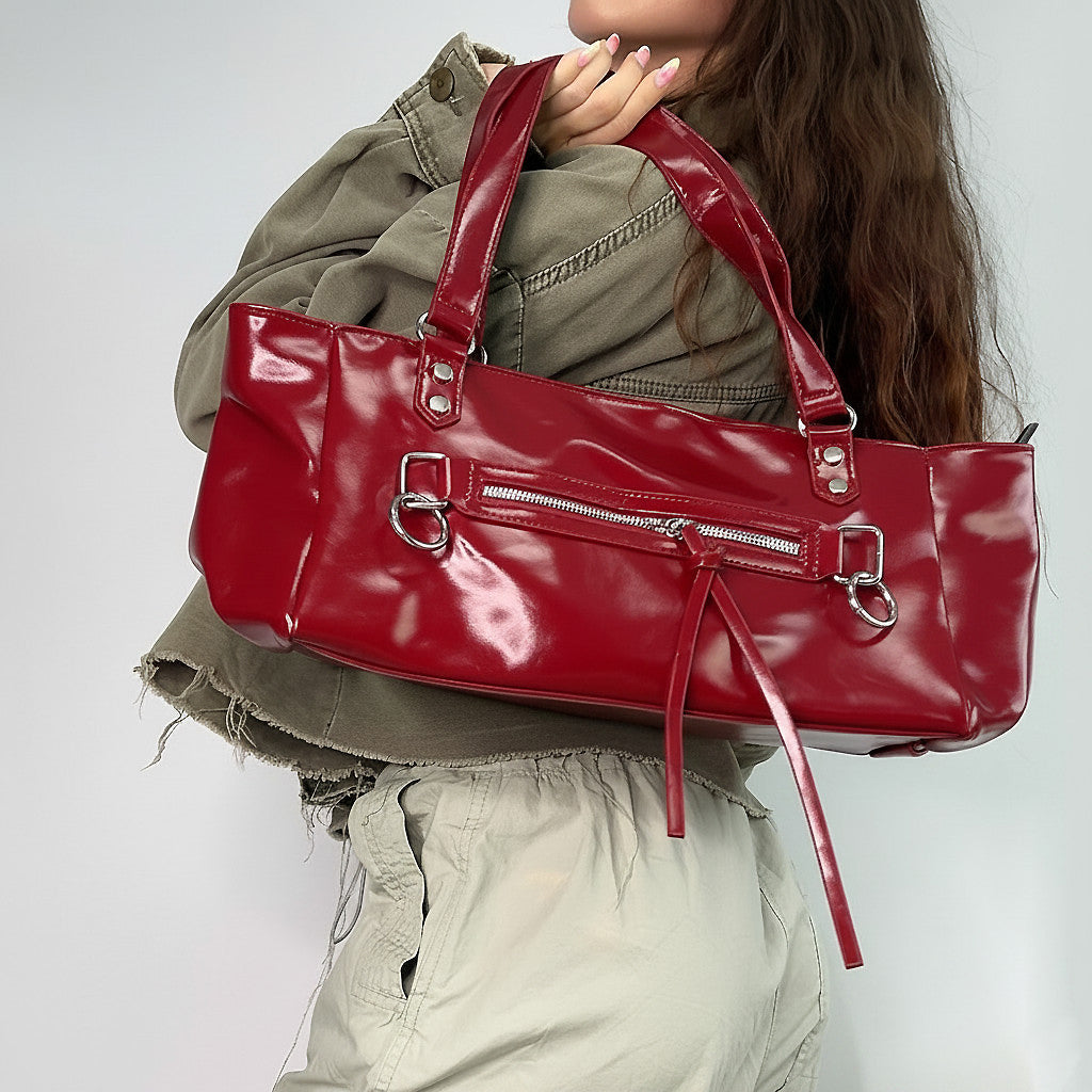 women's red shoulder bag with zip closure, red zip up shoulder bag