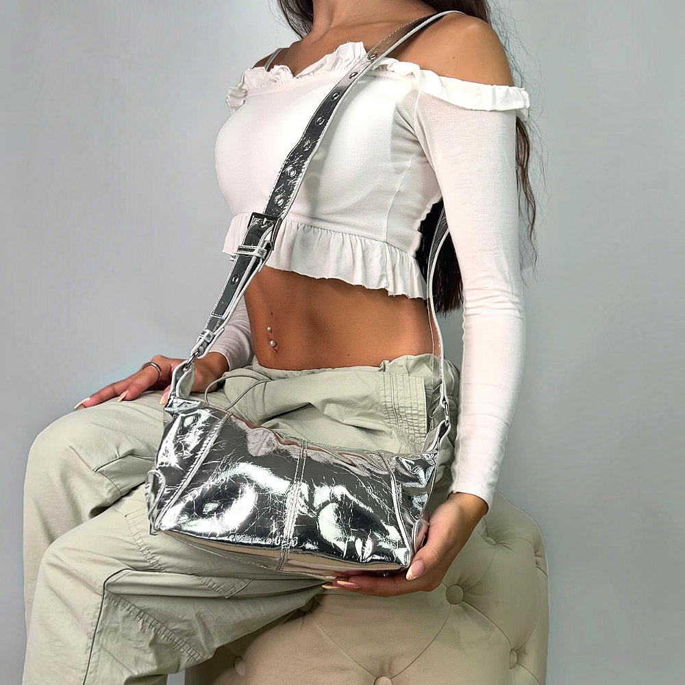 metallic silver shoulder bag, women's silver handbag with adjustable crossbody strap