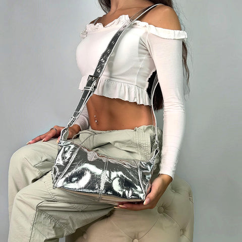 metallic silver shoulder bag, women's silver handbag with adjustable crossbody strap
