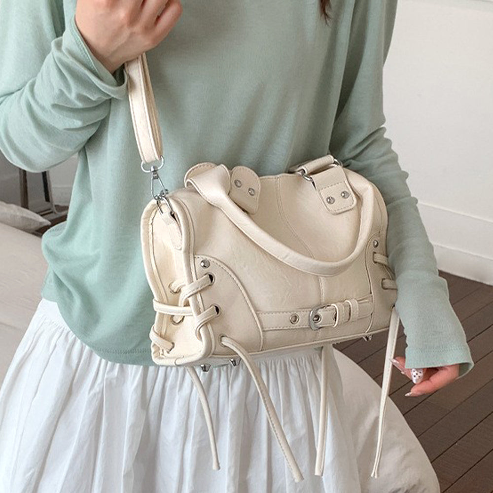 Beige bowler bag with detachable shoulder strap, Beige mini handbag