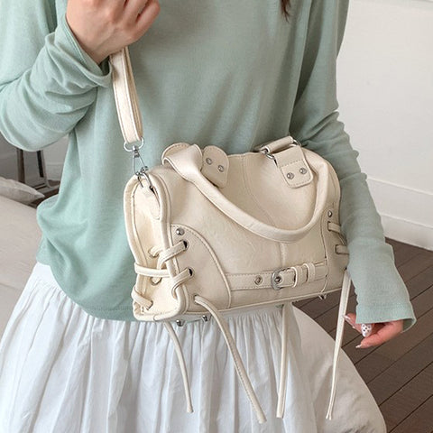 Beige bowler bag with detachable shoulder strap, Beige mini handbag
