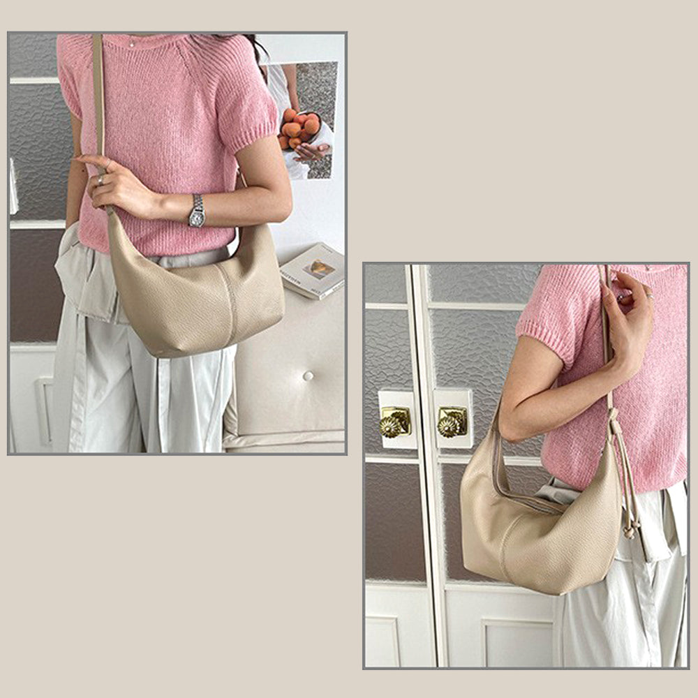 Beige crescent handbag, Beige curved handbag with adjustable strap