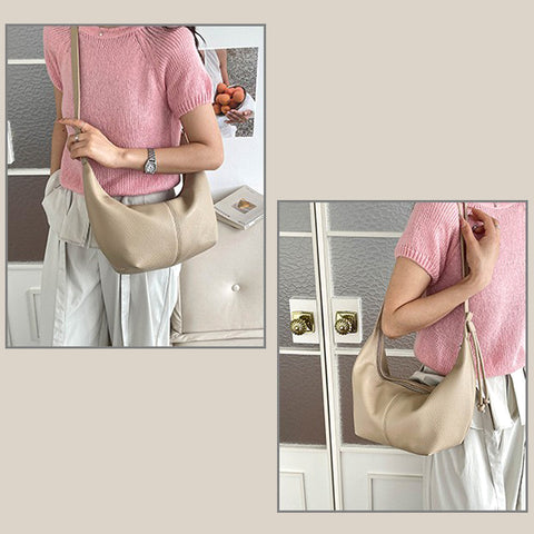 Beige crescent handbag, Beige curved handbag with adjustable strap