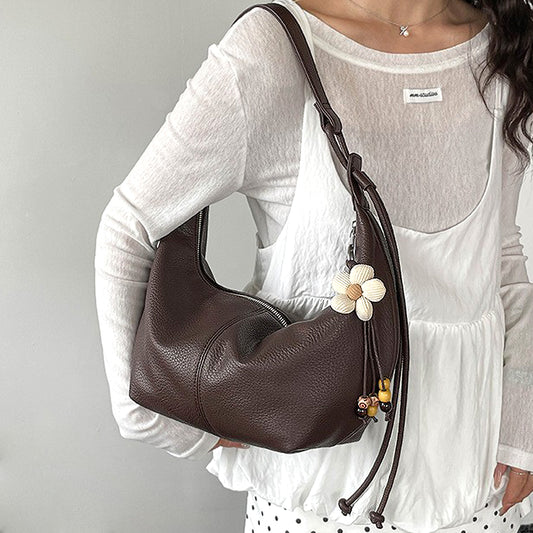 Brown crescent shoulder handbag, Brown crescent shoulder handbag with crossbody strap