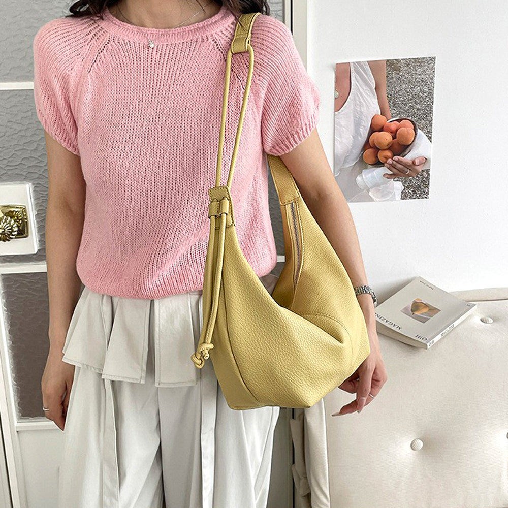 Yellow curved handbag with adjustable strap, Yellow half moon bag with crossbody strap