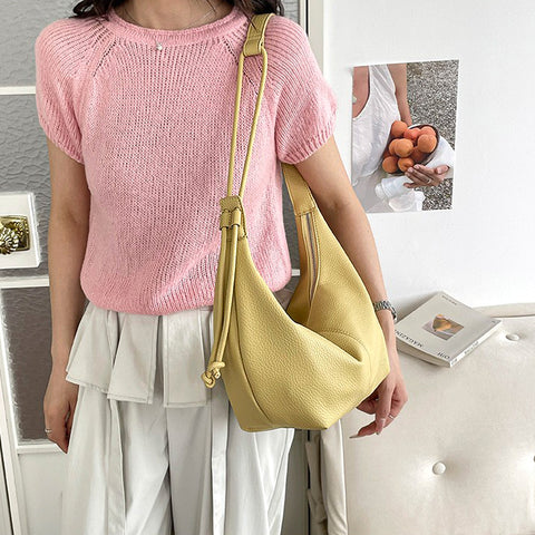 Yellow curved handbag with adjustable strap, Yellow half moon bag with crossbody strap
