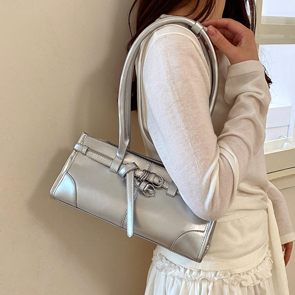 metallic silver structured handbag for women, elegant silver handbag with buckle detail