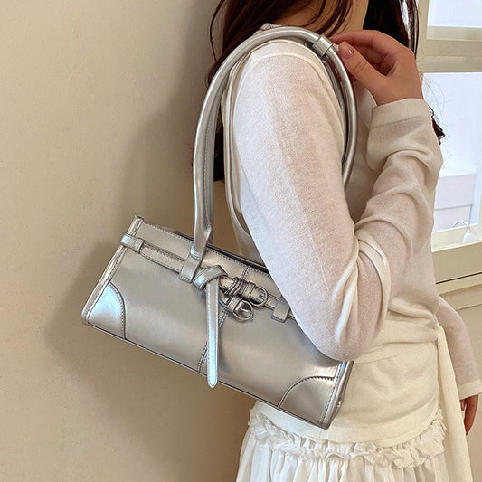 metallic silver structured handbag for women, elegant silver handbag with buckle detail