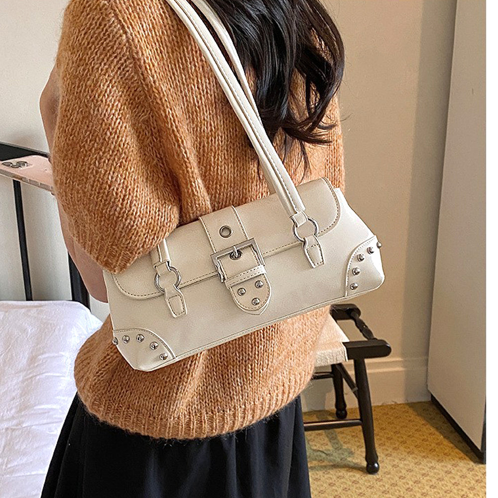 beige shoulder bag, beige studded shoulder bag
