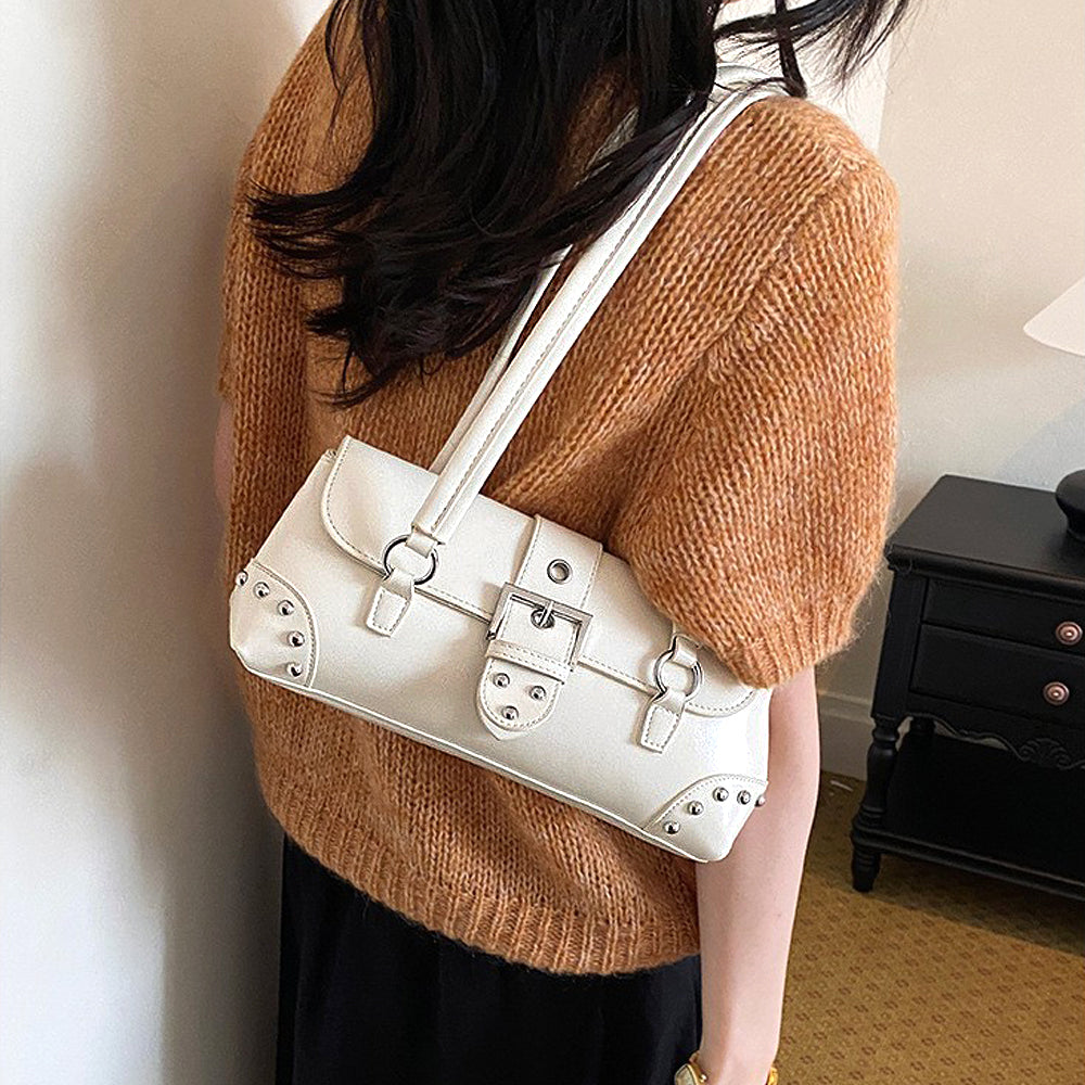 beige belt buckle shoulder bag, beige structured bag