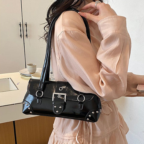 black shoulder bag for going out, black belt fastening bag