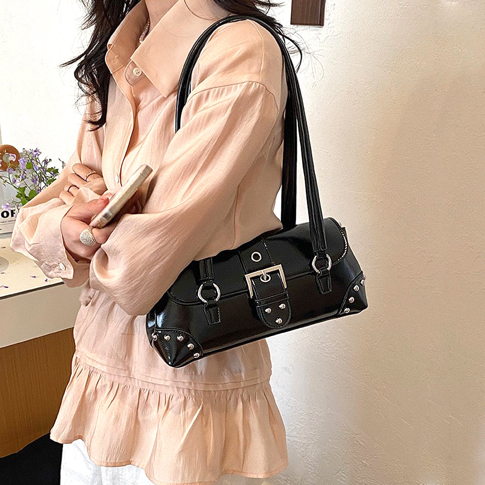 black studded mini bag, black bag with shoulder strap