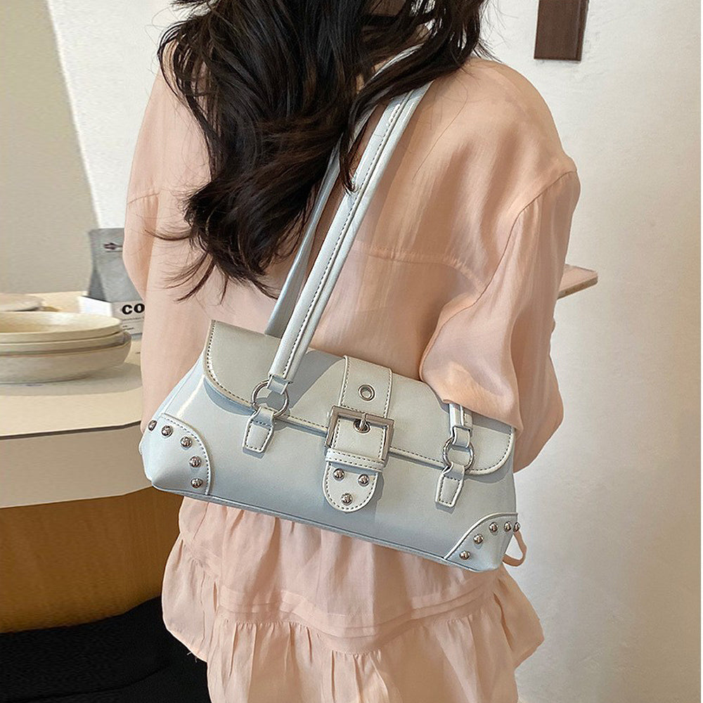 blue studded purse, blue buckle detail bag