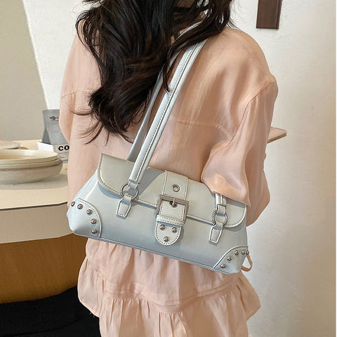blue studded purse, blue buckle detail bag