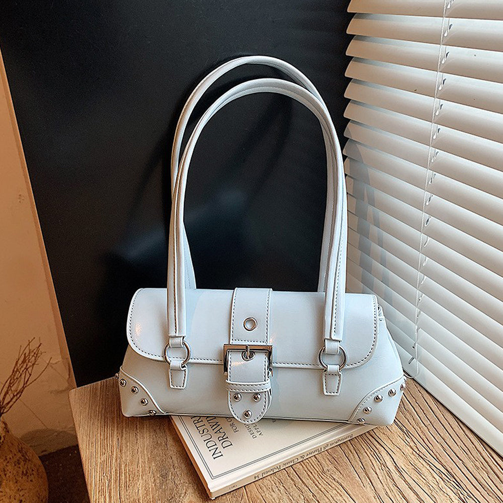 women's blue shoulder bag with studs, blue studded bag