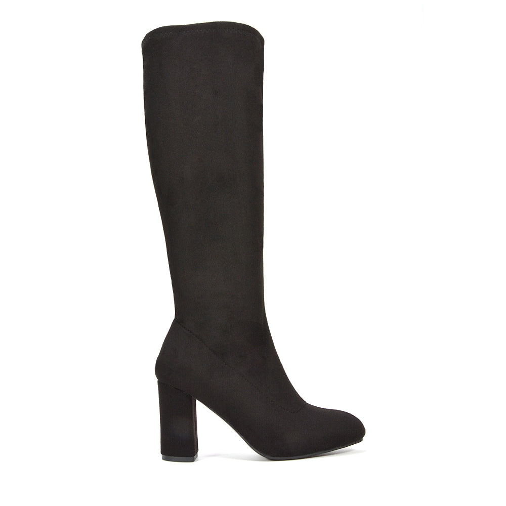 womens black knee high boots, black knee high boots, Women's knee-high boots, Women's faux suede knee-high boots with block heel, Trendy women’s boots 2025