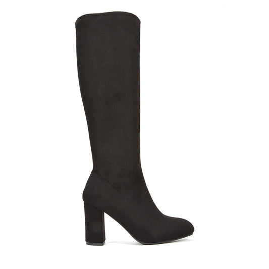 womens black knee high boots, black knee high boots, Women's knee-high boots, Women's faux suede knee-high boots with block heel, Trendy women’s boots 2025