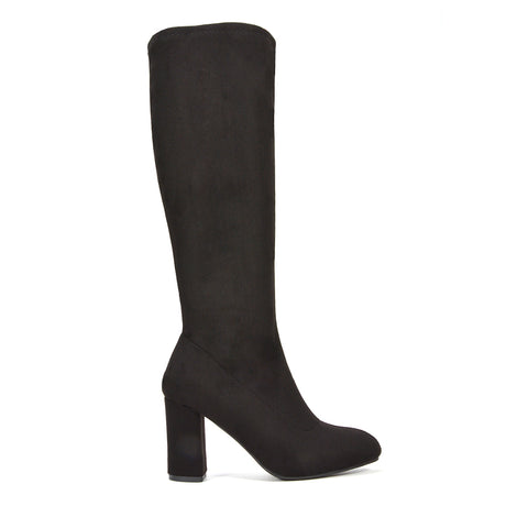 womens black knee high boots, black knee high boots, Women's knee-high boots, Women's faux suede knee-high boots with block heel, Trendy women’s boots 2025