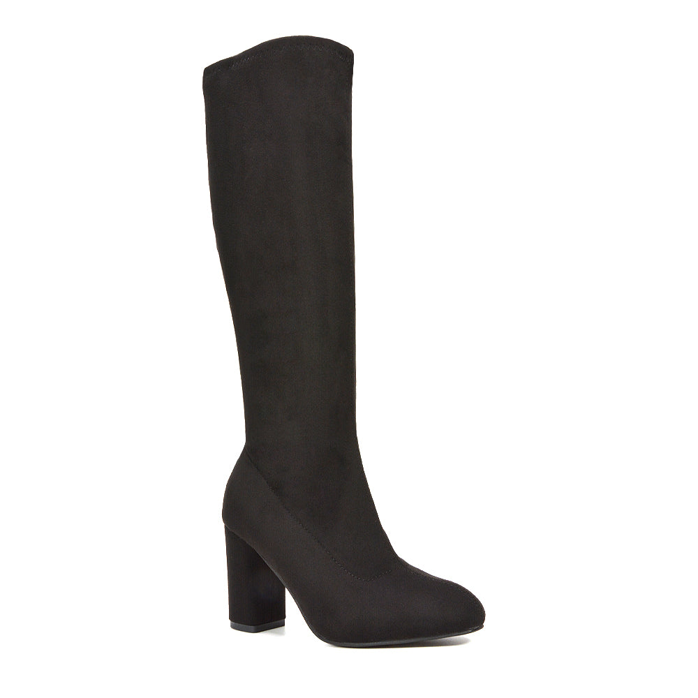 black block heeled boots, black high heel knee high boots, Block heel boots for women, Elegant block heel knee boots, Women’s boots with zipper side