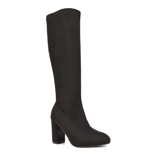 black block heeled boots, black high heel knee high boots, Block heel boots for women, Elegant block heel knee boots, Women’s boots with zipper side