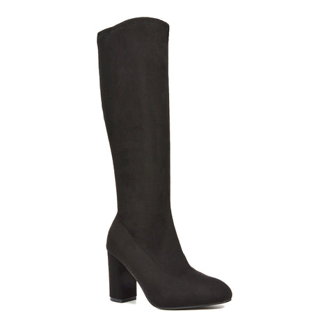 black block heeled boots, black high heel knee high boots, Block heel boots for women, Elegant block heel knee boots, Women’s boots with zipper side