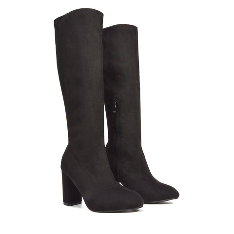 black suede boots, black faux suede boots, suede boots, faux suede boots, Faux suede knee-high boots, Comfortable high heel boots for fall and winter, Knee-high dress boots, 