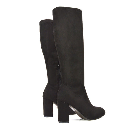 black block heeled boots, black block high heel boots, Stylish women's winter boots, knee-high boots for women with chunky heel, Vegan suede women’s boots