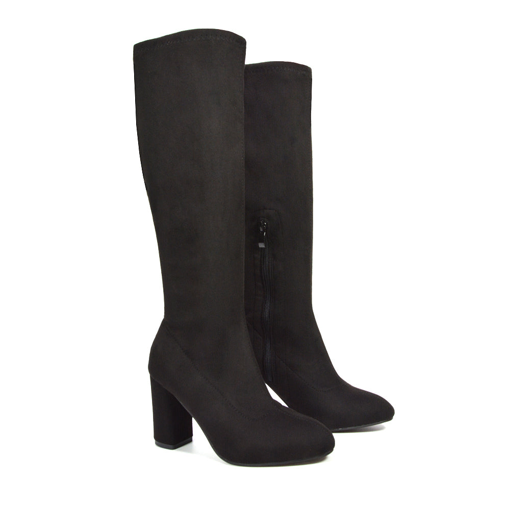 black high heel knee boots, black high heel boots, Knee-high fashion boots, Soft suede-like knee boots for women, Heeled knee boots for work and casual wear, Office wear boots for women