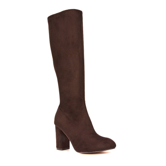 brown block heeled boots, brown high heel knee high boots, Block heel boots for women, Elegant block heel knee boots, Women’s boots with zipper side