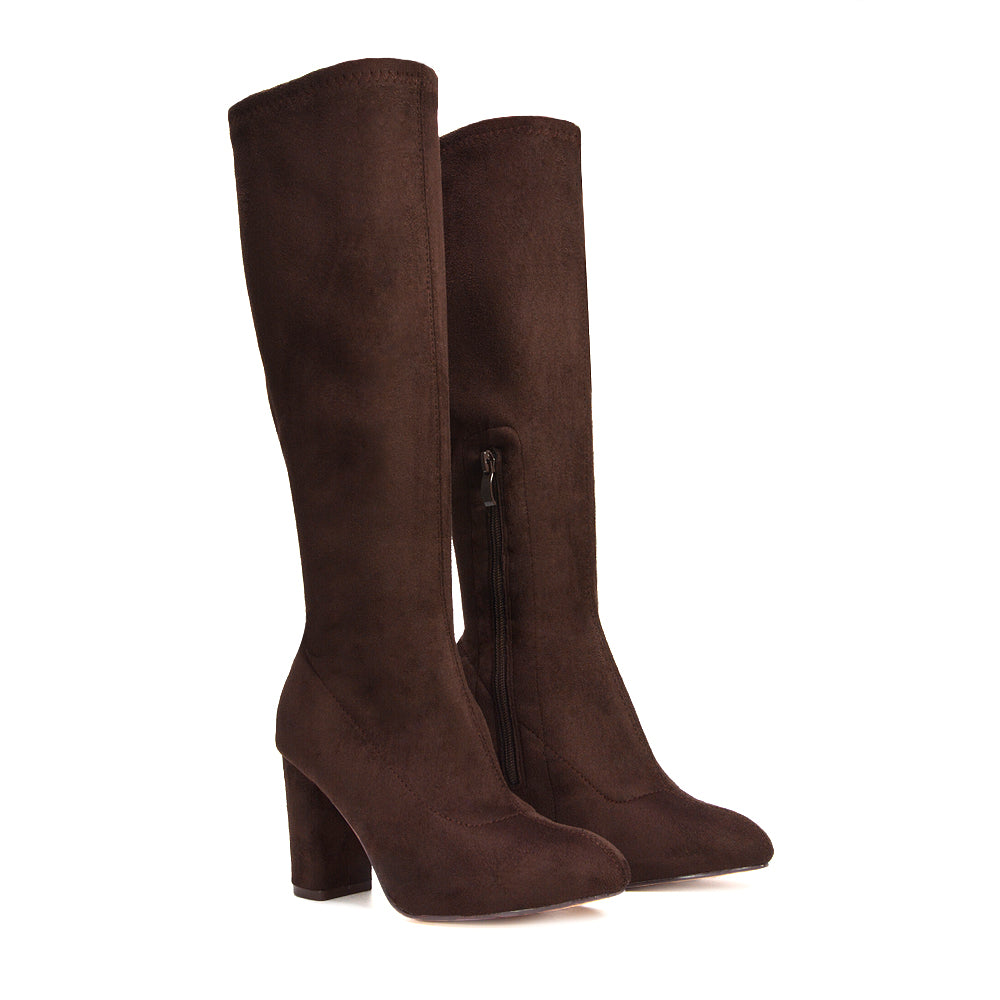 brown suede boots, brown faux suede boots, suede boots, faux suede boots, Faux suede knee-high boots, Comfortable high heel boots for fall and winter, Knee-high dress boots, 