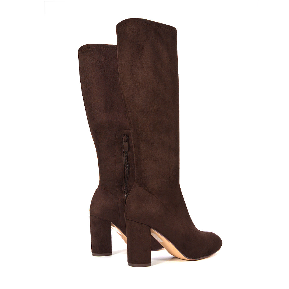 brown block heeled boots, brown block high heel boots, Stylish women's winter boots, knee-high boots for women with chunky heel, Vegan suede women’s boots