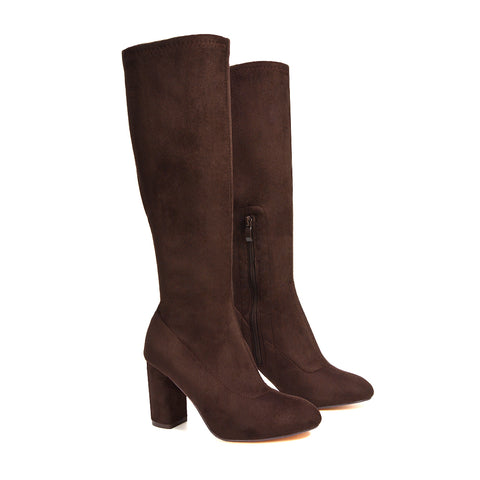 brown high heel knee boots, brown high heel boots, Knee-high fashion boots, Soft suede-like knee boots for women, Heeled knee boots for work and casual wear, Office wear boots for women