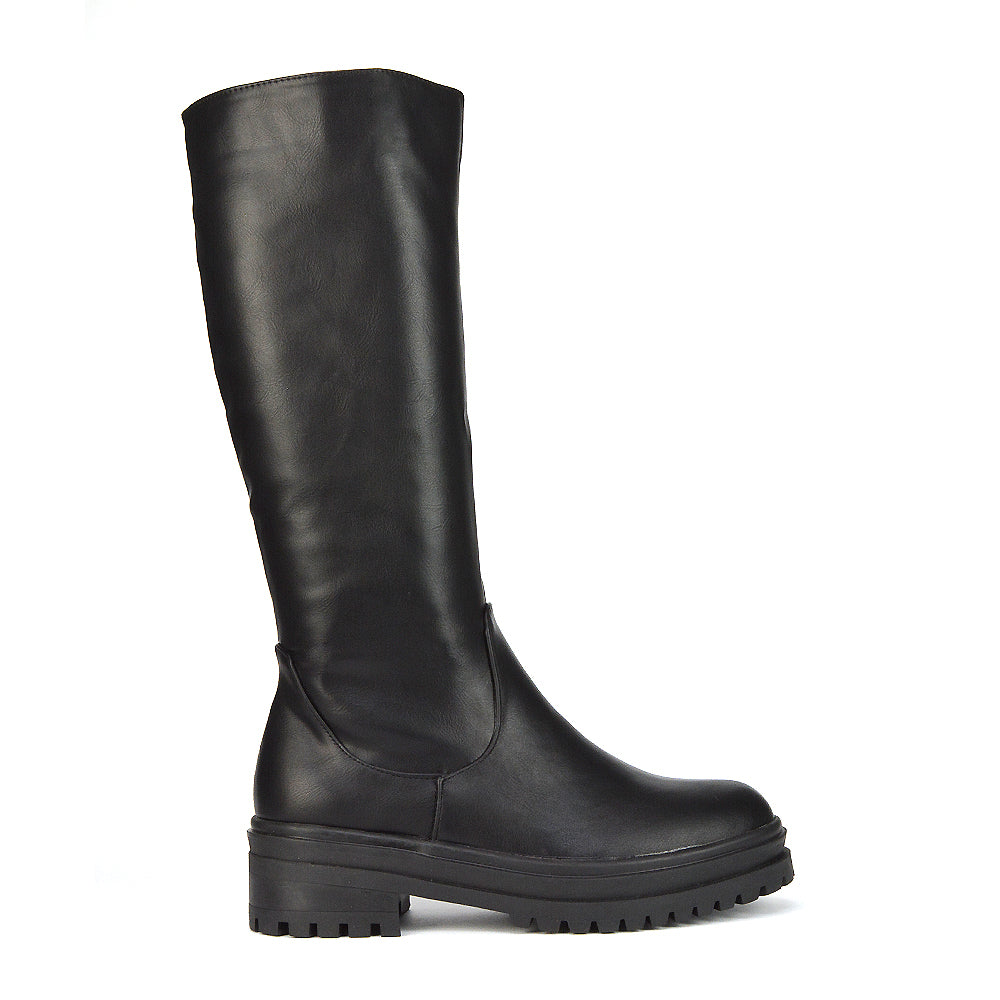  | XY London | Black Synthetic Leather Boots,Black Biker Boots,Ladies Below The Knee Boots ,Womens Black Casual Boots