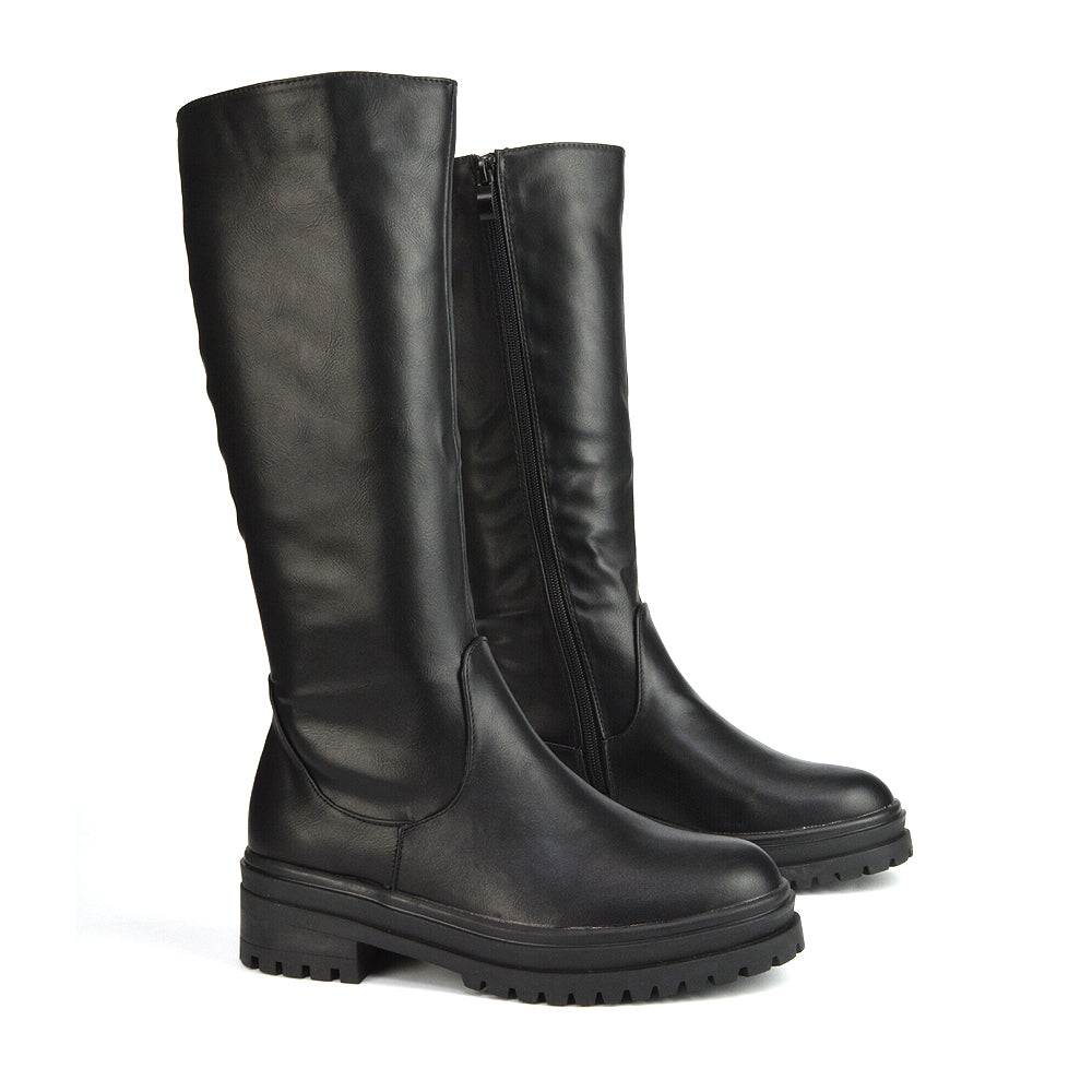  | XY London | Black Synthetic Leather Boots,Black Biker Boots,Ladies Below The Knee Boots ,Womens Black Casual Boots