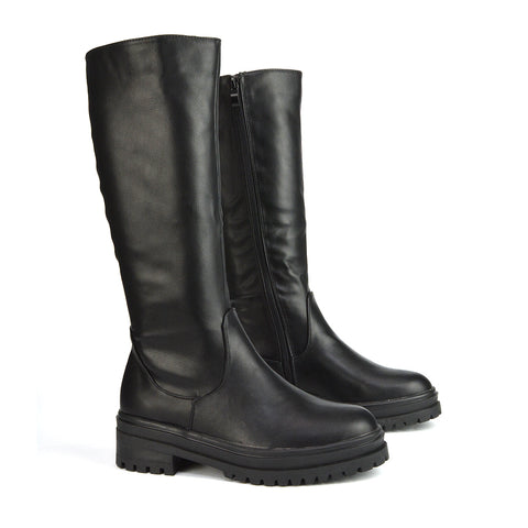  | XY London | Black Synthetic Leather Boots,Black Biker Boots,Ladies Below The Knee Boots ,Womens Black Casual Boots