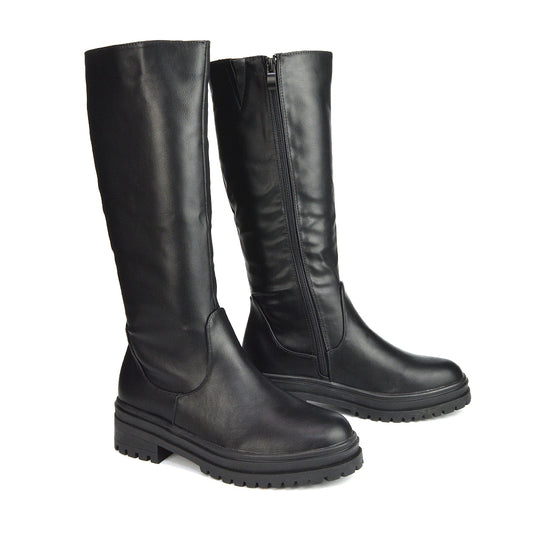  | XY London | Black Synthetic Leather Boots,Black Biker Boots,Ladies Below The Knee Boots ,Womens Black Casual Boots