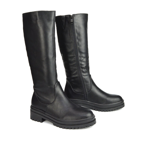  | XY London | Black Synthetic Leather Boots,Black Biker Boots,Ladies Below The Knee Boots ,Womens Black Casual Boots