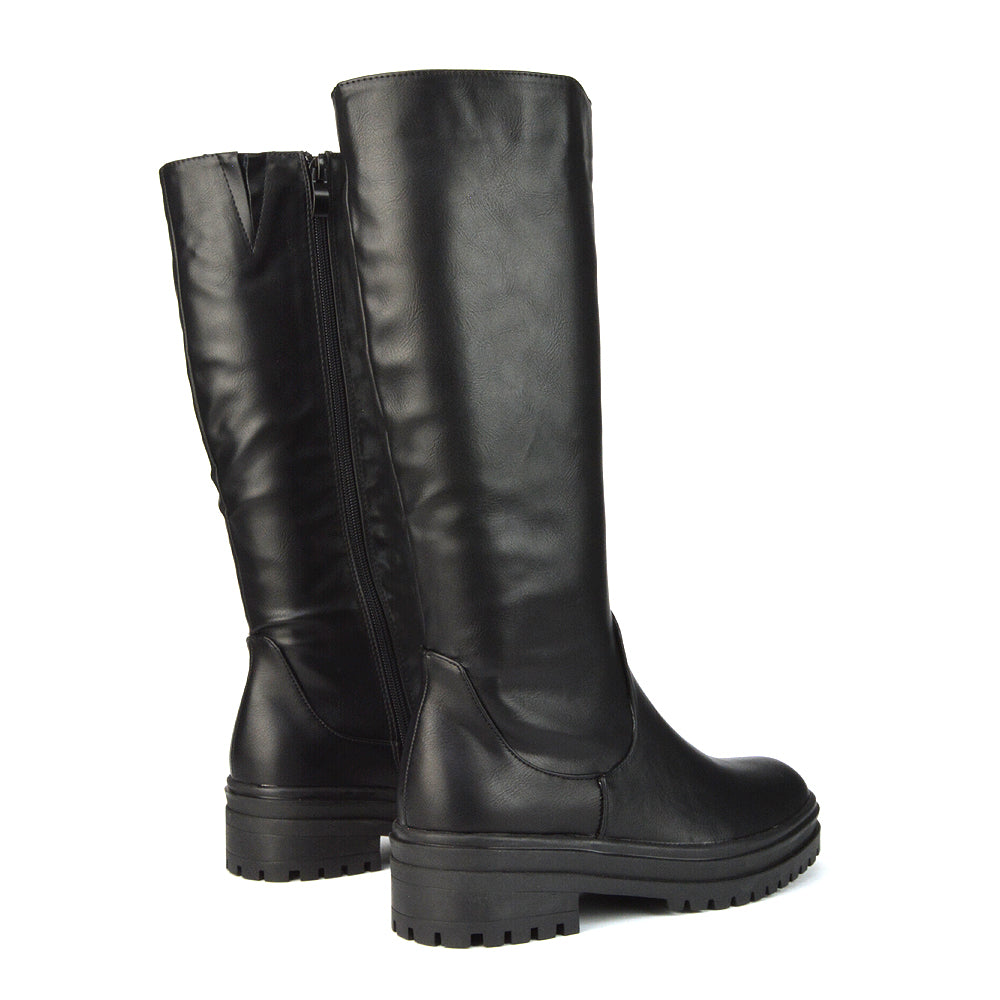  | XY London | Black Synthetic Leather Boots,Black Biker Boots,Ladies Below The Knee Boots ,Womens Black Casual Boots
