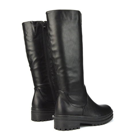  | XY London | Black Synthetic Leather Boots,Black Biker Boots,Ladies Below The Knee Boots ,Womens Black Casual Boots